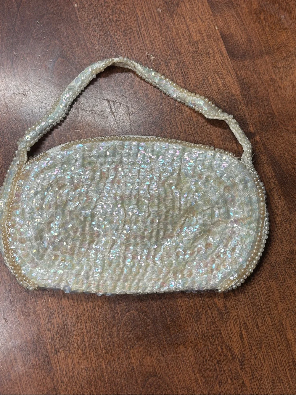 La Regale Iridescent Sequin & Pearl Swirl Evening Clutch - Ivory